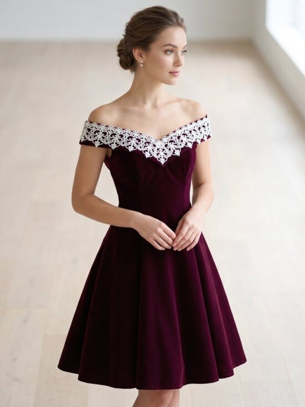 VNTG Jessica McClintock Gunne sax Velvet Off-Shoulder mini Dress with Lace Trim